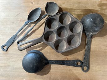 Lot 368 - Lot Of Early American Cast Iron Cookware Pan Danish Aebleskiver Muffin - 2 Large Ladle Kitchen Tools