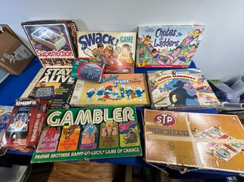 Lot 388 - Fun! Vintage Board Games - Electronic Pinball - Gambler - Baby Smurf - Stay Alive - Superfection!