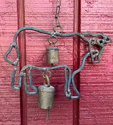 Lot 77- Antique Farmhouse Metal Cow Figure With Bells Hanging Decor