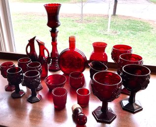 Lot 421- Ruby Red Glass - Wine Glasses Pitcher Vase Cruet Thomas Jefferson Bottle