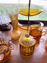 Lot 427- Amber Glass Lot Vases Jelly Jar Pitcher Two Tier Dish