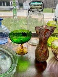 Lot 432- Pretty Colored Glass Kitchen Items Depression Decanters Mason Jar