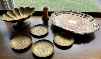 Lot 433- Heavy Brass India Plates With Pedestal Dish Vase Set And Tray -7