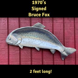 Lot 52- 1970s Aluminum Trout Fish Wall Decor Platter - Signed Bruce Fox - Cool Nautical Decor!