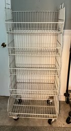 Lot 78- Store Display White Wire Shelf - 5 Compartments - On Wheels - Comes Apart