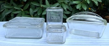 Lot 5- Clear Glass Refrigerator Covered Dishes And Flour Jar - 1940s - 50s - Mid Century Kitchenware