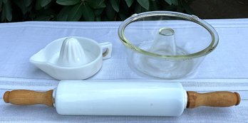 Lot 6- Sunkist Promotional White Milk Glass Citrus Juicer - Rolling Pin - Glass Bundt Cake Pan - Vintage