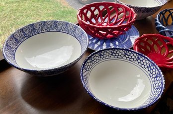 Lot 447- Italian Pottery Red White Blue Mixing And Fruit Bowls Lot Of 7