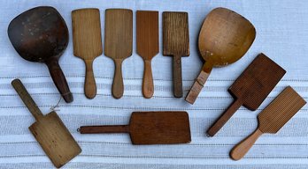 Lot 9- Antique Early Ribbed Wood Butter Paddles & Wood Antique Scoops - Lot Of 10 Primitive Home Decor