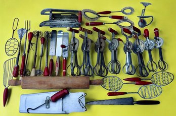 Lot 209 - 1930s Red Handle Utensil 29 Kitchen Tools - Androck - Steel Craft - Germany - Beaters Rolling Pin