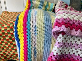 Lot 459-  Very Nice - 3 Hand-knit Afghans Blankets - Various Sizes