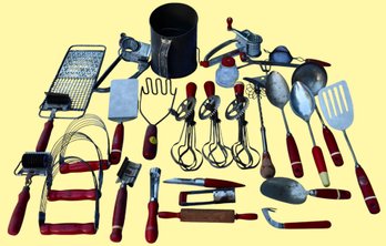 Lot 219 - 1930s Red Handle Utensil 29 Kitchen Tools - Mouli Grater - Sifter - Grinder - Rolling Pin - Spoons