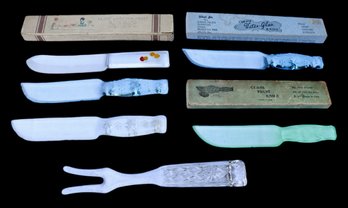 Lot 245 - Depression Era- Glass Fruit Knife & Fork -Some New In Original Box - Boston Dur-X - Vitex Blue