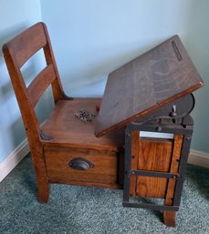 Lot 468- Antique Child Oak School Desk With Side Drawer And Game Of Jacks