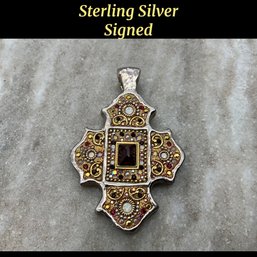 Lot 128RR- Sterling Silver Signed Unique Timeless Artisan Crafted Cross Pendant Gemstones
