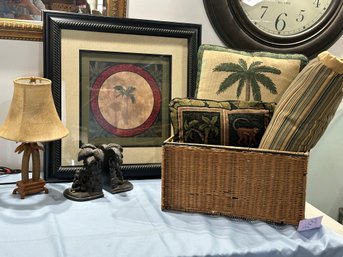 Lot 389 - Tropical Home Decor Items - Palm Trees And Monkeys -  Table Lamp - Wicker Basket - Monkey Bookends