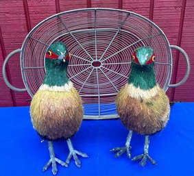 Lot 458- Pheasant Standing Vintage Bird Decorations With Metal Wire Basket - Farmhouse Decor