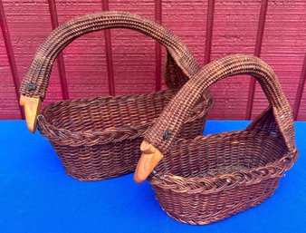 Lot 460- Swan Shaped Rattan Woven Baskets With Wood Beaks- Set Of 2 - Vintage Kitchen