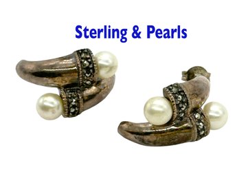 Lot 311 - Sterling Silver Yellow Pearl Earrings And Marcasite