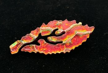 Lot 312 - Beautiful Bright Orange Red Dichroic Glass Brooch Pendant And Pin Abstract Leaf