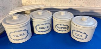 Lot 496- Vintage Kitchen Crock Pottery Canisters Flour Sugar Coffee Tea - Set Of 4