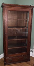 Lot 8- Antique Oak Glass Front China Cabinet - Book Shelf - Bottom Drawer-  With Key