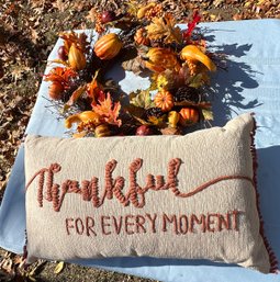 Lot 605 - Autumn Fall Lot - Leaves & Gourd Twig Wreath - Thankful For Every Moment Pillow - Thanksgiving