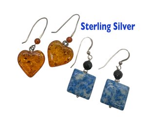 Lot 322 -Sterling Silver With Amber And Blue Lapis Earrings - 2 Pair