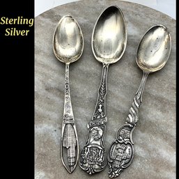Lot 34SES- Sterling Silver Souvenir Teaspoons - Washington DC - New York - Maine Spoons