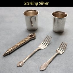 Lot CV64- Sterling Silver & Silver Plate 5 Piece Lot - Cups - Forks - Custom Made Pen