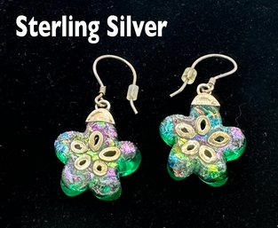 Lot 324 - Sterling With Dichroic Glass Flower Earrings - Multi Color