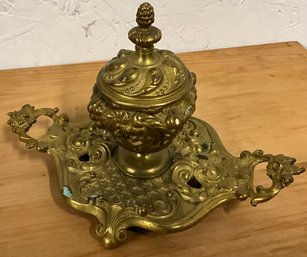 Lot 75- Antique Solid Brass Victorian Ink Well With Hinged Lid