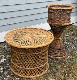 Lot 78- Vintage Wicker Rattan End Table And Plant Stand - Lot Of 2