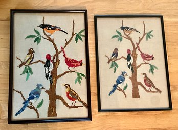 Lot 20A- Pair Of Bird Cross Stitched Pictures - Blue Bird - Cardinal