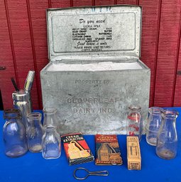 Lot 19- Cloverleaf Dairy Inc Galvanized Tin Cooler - Milk Bottles- Hood- Speedwell- Hampden Creamery- Stuarts