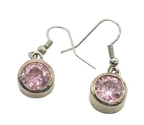 Lot 333 - Costume Silver Pink Rhinestone Dangle Pierced Earrings