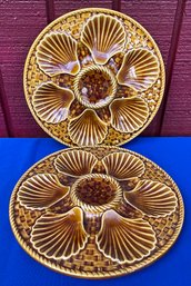 Lot 20- 1950s Longchamp French Majolica Oyster Plate - Basket Weave - Gold- Pair