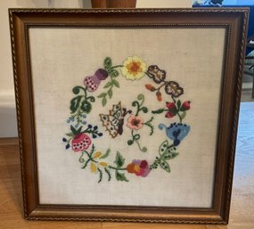 Lot 24- Vintage Embroidery Crewel Butterfly And Flowers Picture