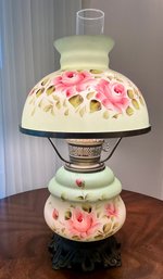 Lot 27- Antique Green Pink Rose 3 Way Hurricane Table Lamp - 20 Inches