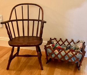 Lot 29- Antique Childs Windsor Arm Chair - Hand Made Quilt And Accordion Doll Crib