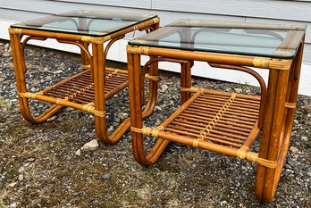 Lot 90- 1960s Pair Of Bamboo Rattan Glass Top End Tables - Boho- Mid Century - Mcm