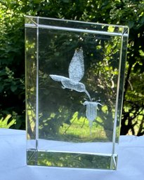 Lot 345SES - Pillar Flying Hummingbird And Flower Square Glass Crystal Paperweight