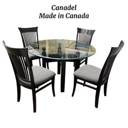 Lot 82- Canadel Black Round Glass Top Dining Table With 4 Chairs - Modern Set