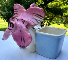 Lot 347SES - Vintage Pink! Schnauzer Dog Figurine With Trinket Jewelry Ring Dish Small Flower Pot - Japan