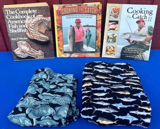 Lot 459- Fish Cook Book Lot & 2 Fish Themed Aprons