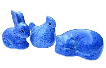 Lot 348SES - Tiny Ceramic Blue Sponge Design Rabbit - Bunny - Rooster - Cat - Lot Of 3