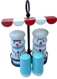 Lot 351SES - Cute! Vintage Plastic Chef Picnic Salt And Pepper Shakers W Carrier - 2 Sets - Pretty Small Aqua