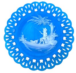 Lot 353SES - Westmoreland Blue Plate Hand Painted By Mary Gregory 1975 White Painting Of Boy Fishing With Dog