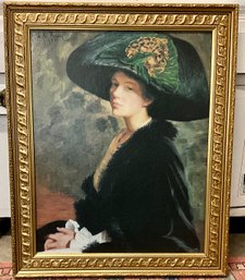 Lot 200- The Green Hat Giclee On Board Portrait By LC Perry (1848-1933) Boston Born - Gold Frame
