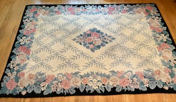 Lot 41- Hooked Rug - Black With Pink Roses - 7 Feet 9 Inches X 5 Feet 6 Inches (dining Room)